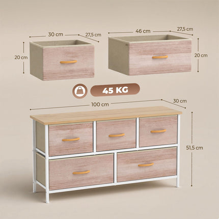 Fabric Dresser with 5 Drawers, Metal Frame, Wood Top