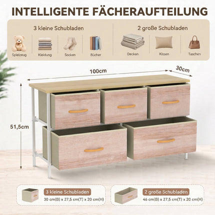Fabric Dresser with 5 Drawers, Metal Frame, Wood Top