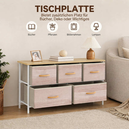 Fabric Dresser with 5 Drawers, Metal Frame, Wood Top