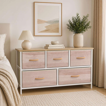 Fabric Dresser with 5 Drawers, Metal Frame, Wood Top
