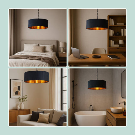 Fabric Shade Pendant Light, Grooved Design, Bronze Interior