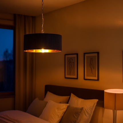 Fabric Shade Pendant Light, Grooved Design, Bronze Interior