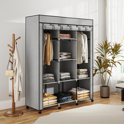 Fabric Wardrobe, 8 Shelves, 2 Hanging Rods, Gray