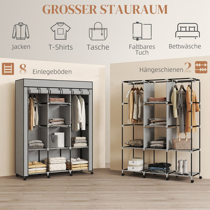 Fabric Wardrobe, 8 Shelves, 2 Hanging Rods, Gray