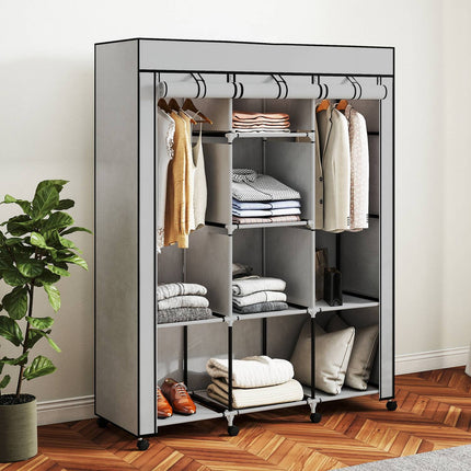 Fabric Wardrobe, 8 Shelves, 2 Hanging Rods, Gray