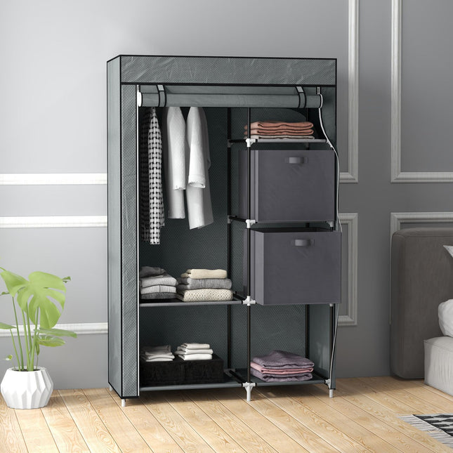 Fabric wardrobe - folding wardrobe with drawers & rail, dark grey