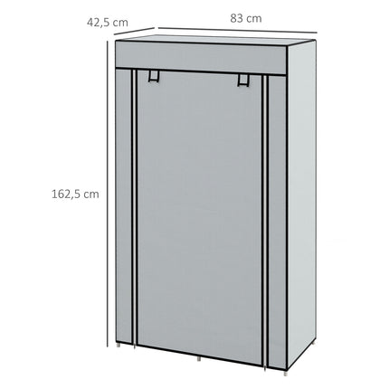 Space-saving fabric wardrobe, 5 compartments & rail, light grey