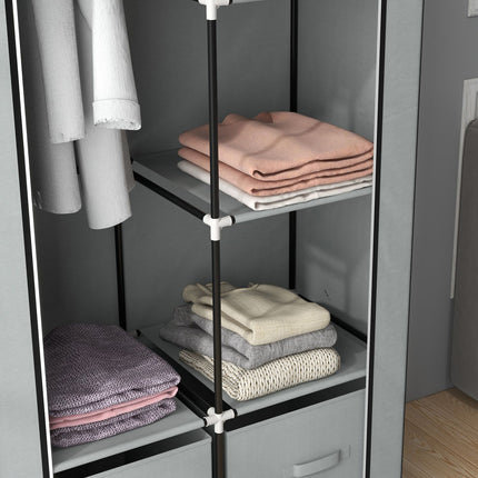 Space-saving fabric wardrobe, 5 compartments & rail, light grey