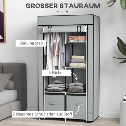 Space-saving fabric wardrobe, 5 compartments & rail, light grey