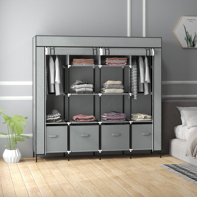 Dark gray fabric wardrobe with rail, 10 shelves, 4 drawers