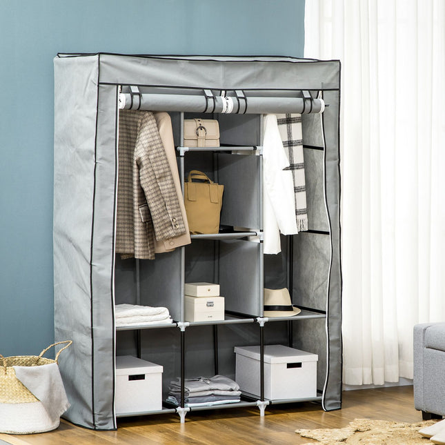 Fabric wardrobe with rails, 8 levels, foldable, light grey