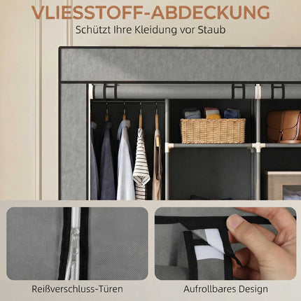 Fabric Wardrobe with 2 Hanging Rods, 10 Shelves, Grey