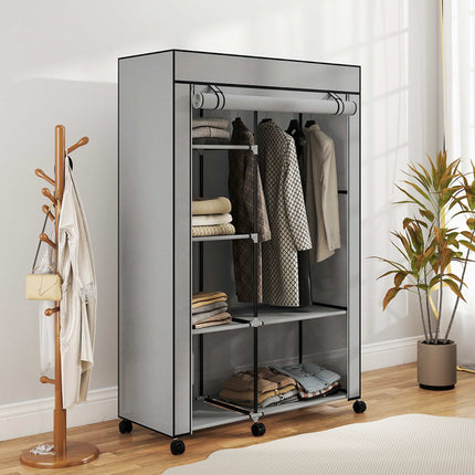 Fabric Wardrobe with 6 Shelves and Hanging Rod, Light Gray
