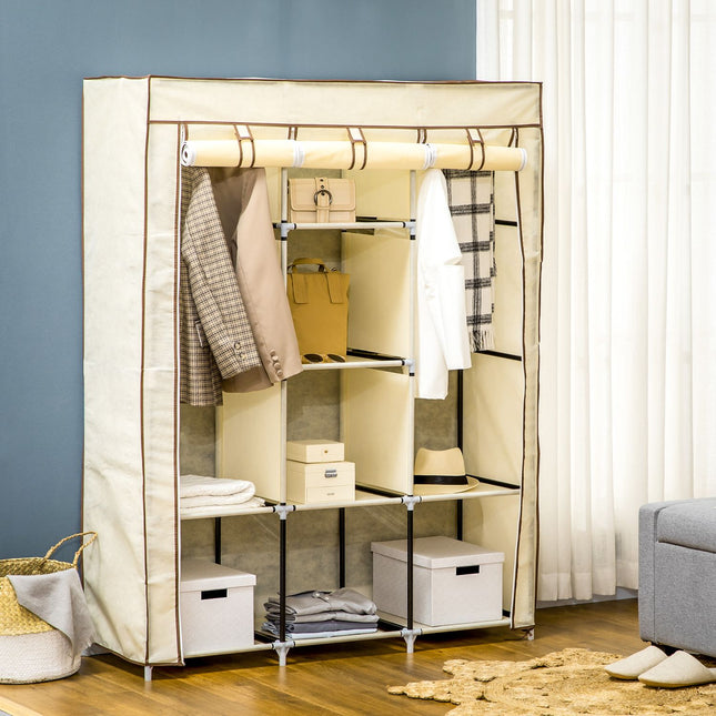 Fabric wardrobe with clothes rail, foldable, cream white