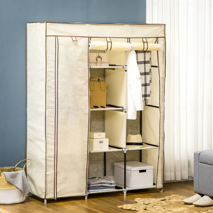 Fabric wardrobe with clothes rail, foldable, cream white