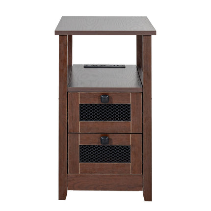 Farmhouse End Table with USB, Outlets, 2 Drawers, Brown