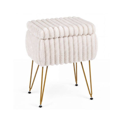 Faux Fur Ottoman 2-in-1 with Hidden Storage and Metal Legs, Beige & Gold