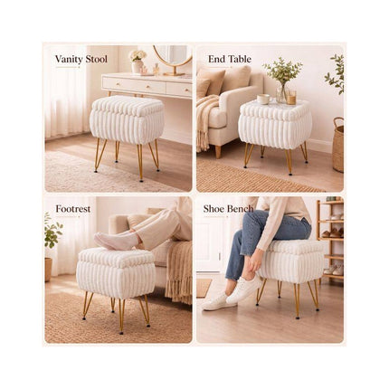 Faux Fur Ottoman 2-in-1 with Hidden Storage and Metal Legs, Beige & Gold