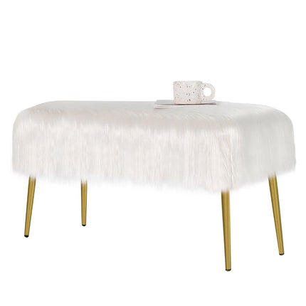 Faux Fur Vanity Stool, Gold Metal Legs, White 91x35cm