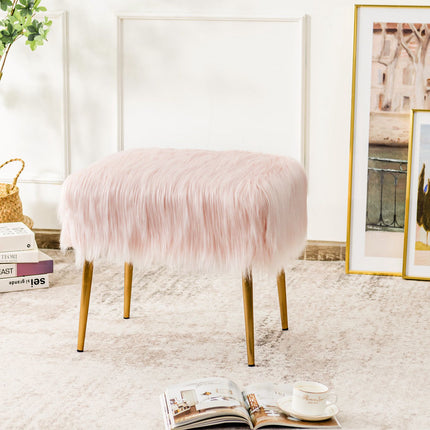 Faux Fur Vanity Stool, Square, Gold Metal Legs, Pink