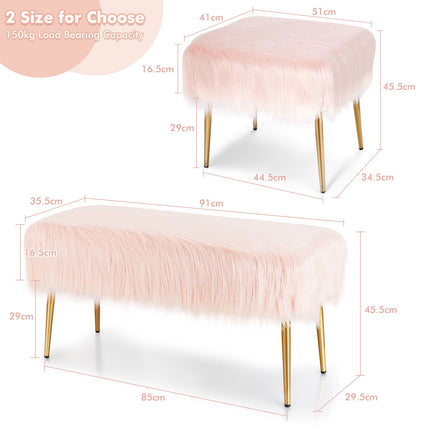 Faux Fur Vanity Stool, Square, Gold Metal Legs, Pink