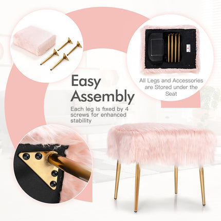 Faux Fur Vanity Stool, Square, Gold Metal Legs, Pink