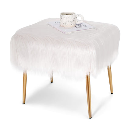 Faux Fur Vanity Stool, White, Gold Metal Legs