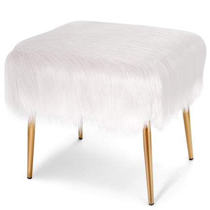 Faux Fur Vanity Stool, White, Gold Metal Legs