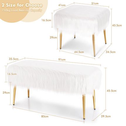 Faux Fur Vanity Stool, White, Gold Metal Legs