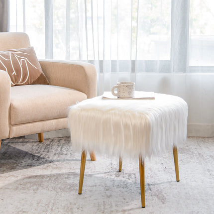 Faux Fur Vanity Stool, White, Gold Metal Legs
