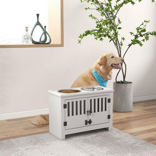 Raised Dog Feeding Station, 2L Stainless Steel Bowl, Storage, White