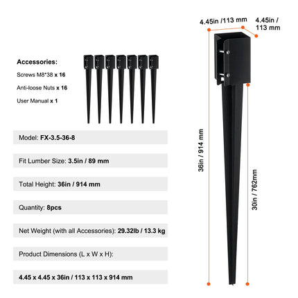 Fence Post Anchor Ground Spikes, 8 Pack, 36 In, Fits 3.5x3.5