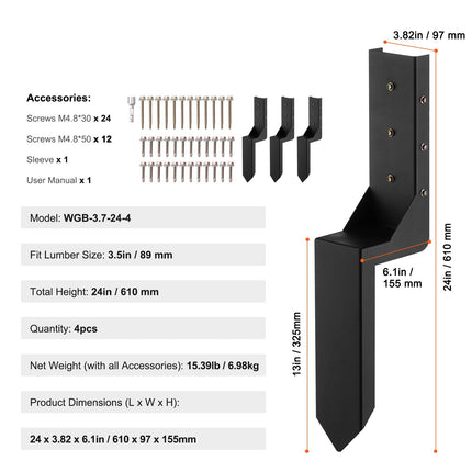 Fence Post Anchor Repair Kit, 4-Pack 3.5x3.5 Steel Ground Spikes