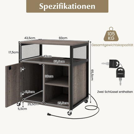 Filing cabinet on wheels Office cabinet with charging station &amp; Hole for cable management printer stand-gray