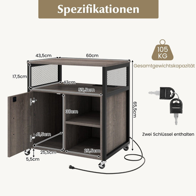 Filing cabinet on wheels Office cabinet with charging station &amp; Hole for cable management printer stand-gray
