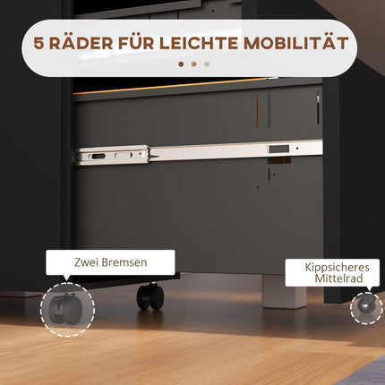 Lockable filing cabinet in steel, black, rollable with brakes