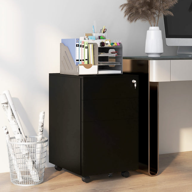 Lockable filing cabinet in steel, black, rollable with brakes