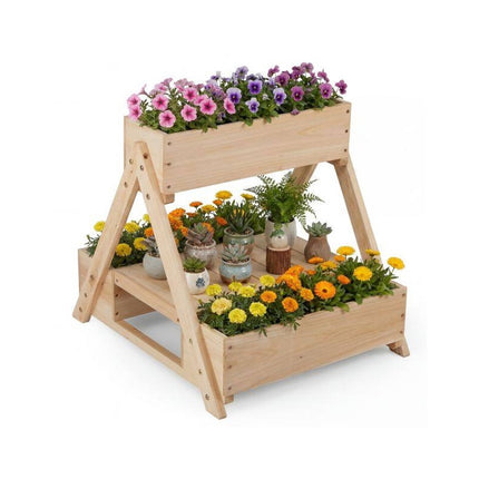 Fir Wood Planter Stand with 3 Boxes and Open Shelf, 75 kg Capacity, Natural