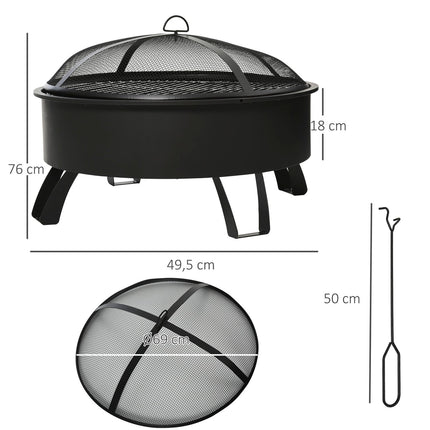 Fire Pit & BBQ Grill with spark guard, black Ø76 cm