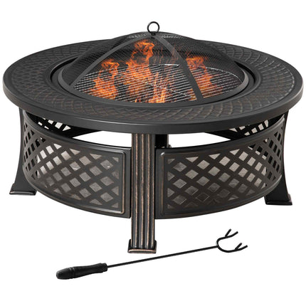 Round steel fireplace with spark protection for garden and barbecue