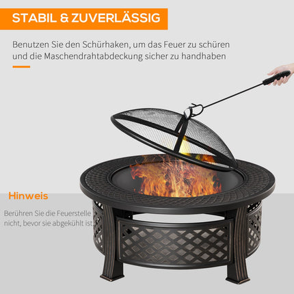 Round steel fireplace with spark protection for garden and barbecue
