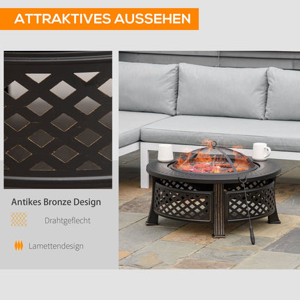 Round steel fireplace with spark protection for garden and barbecue