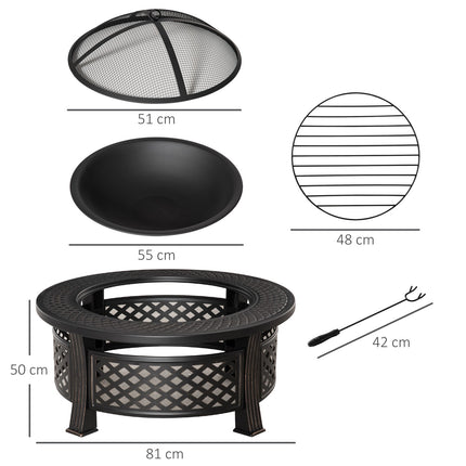 Round steel fireplace with spark protection for garden and barbecue