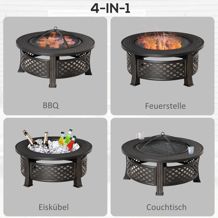 Round steel fireplace with spark protection for garden and barbecue