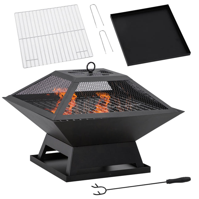 Fire bowl with grill & spark guard, steel, 45x45x34 cm