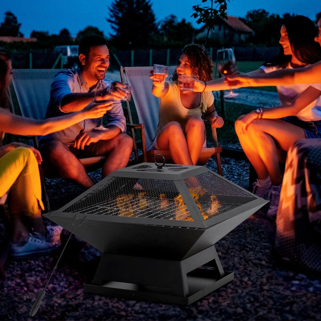 Fire bowl with grill & spark guard, steel, 45x45x34 cm