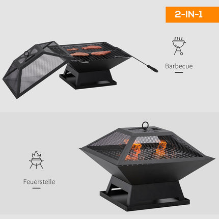 Fire bowl with grill & spark guard, steel, 45x45x34 cm