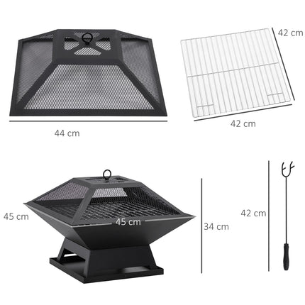 Fire bowl with grill & spark guard, steel, 45x45x34 cm
