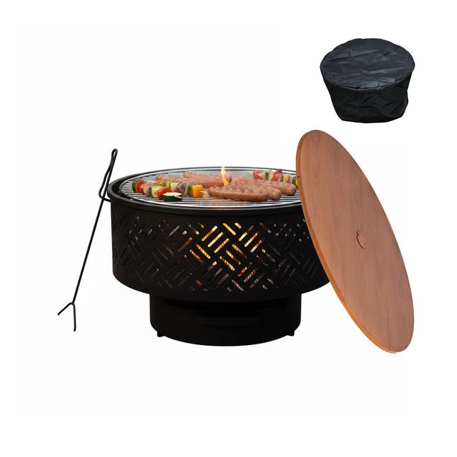 Fire Bowl with Lid & Grill – Black, Garden Use