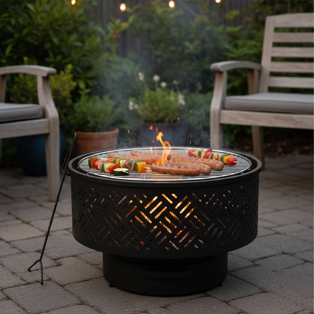 Fire Bowl with Lid & Grill – Black, Garden Use